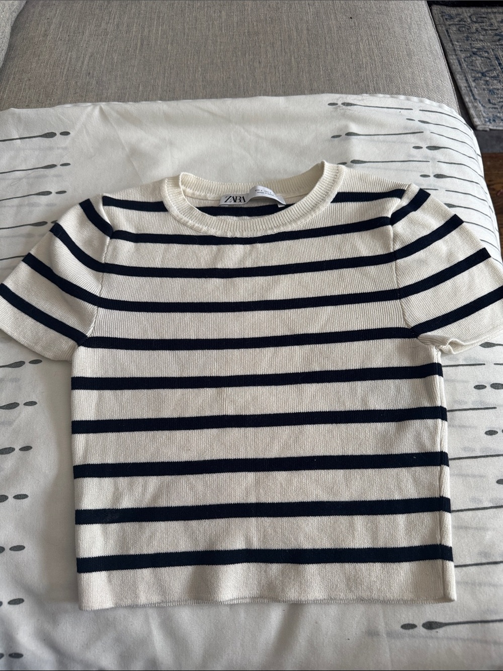 Zara Cream and Navy Striped Short-Sleeve Top